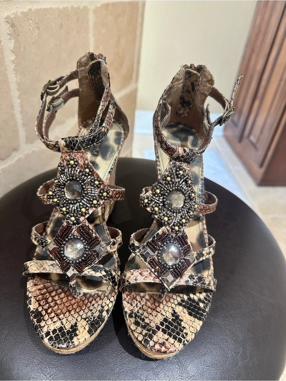 Embellished Snakeskin-Print Wedge Sandals - Brown
